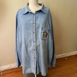 VTG 90s Looney Tunes Warner Bros Embroidered Tweety Bird Denim Shirt 26W/28W